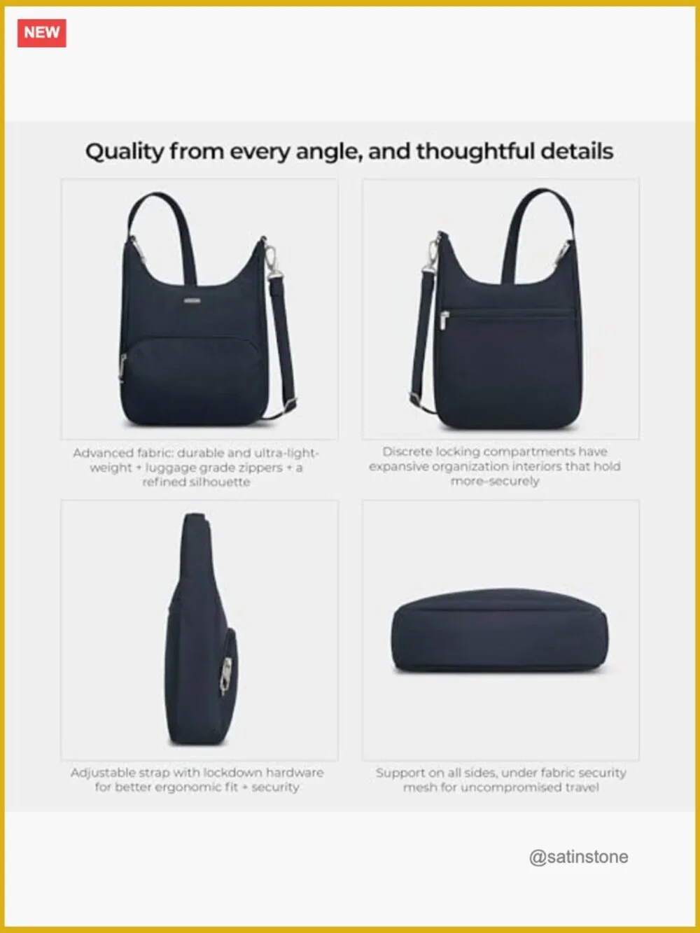 Anti-Theft Messenger Bag with RFID Protection, Locking Zippers